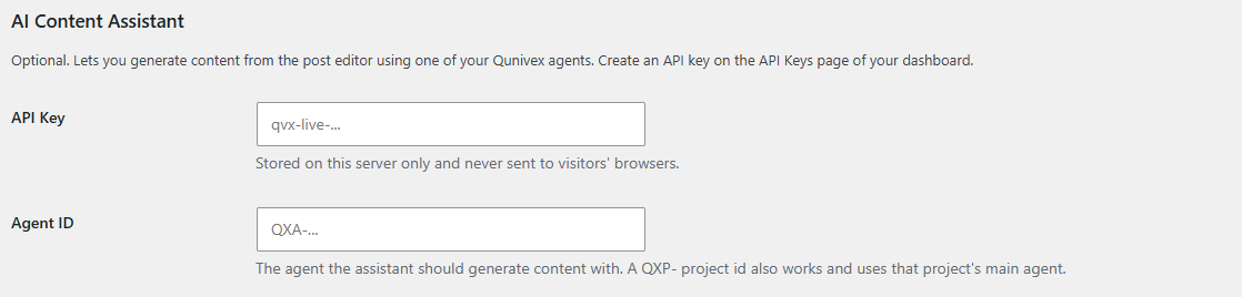 The AI Content Assistant section of the settings screen, with the API Key and Agent ID fields
