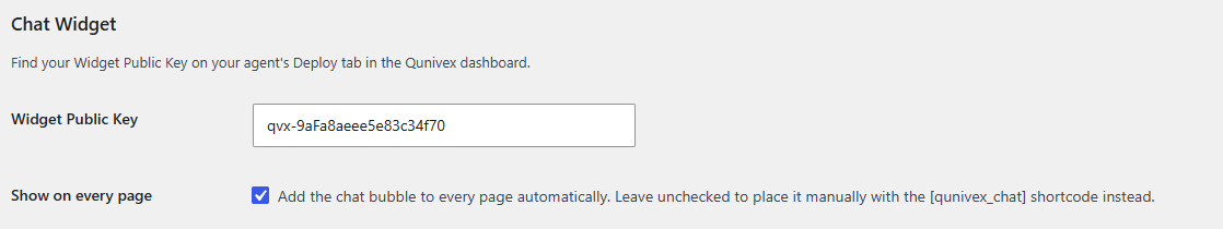 The Chat Widget section of the settings screen, with the Widget Public Key field filled in and Show on every page ticked