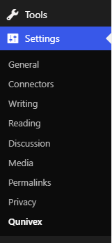 The WordPress admin menu with Settings expanded and Qunivex listed at the bottom of the submenu